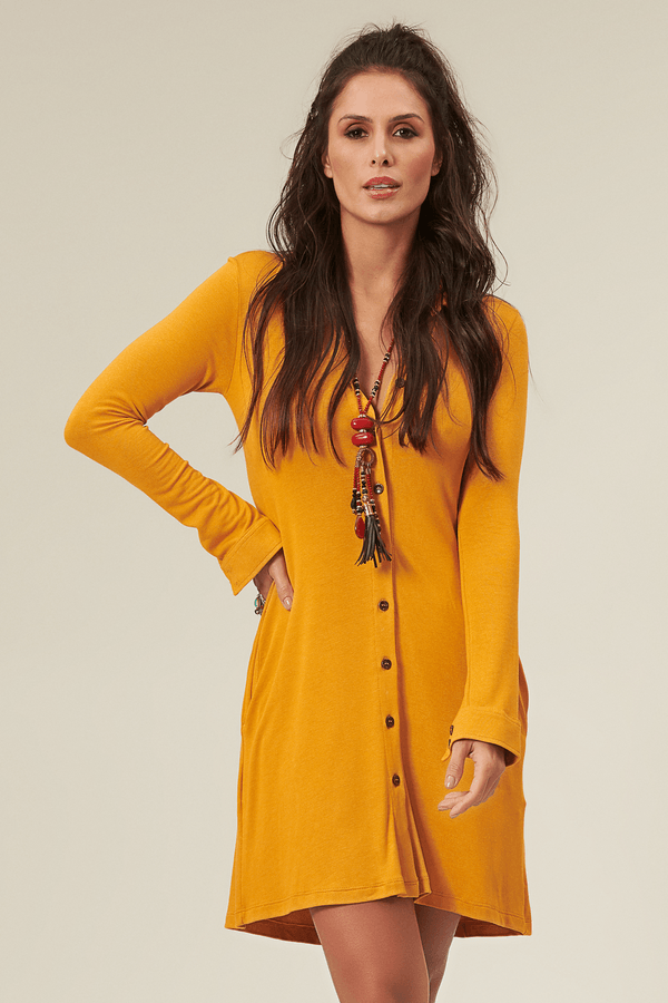 Chemise Liso com Mangas Longas Mostarda