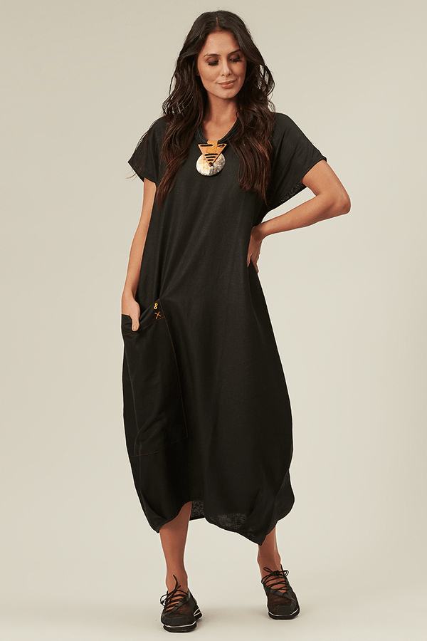 Vestido Midi de Linho com Decote em V  Preto